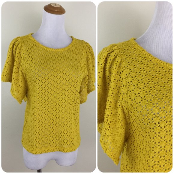 TEXTURE & THREAD Madewell Short Sleeve Mustard Yellow Perforated Shirt - Picture 1 of 8